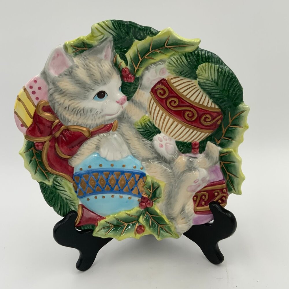 Fitz and Floyd Essentials Christmas Kitty Cat Plate Wall Hanging 9" - Picture 8 of 10